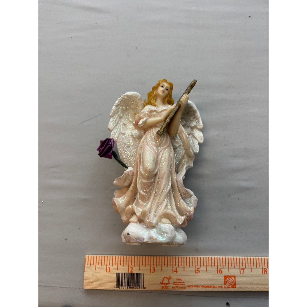 Vintage Iridescent Glitter Angel Figurine with Lute and Purple Rose 5.5 Inch